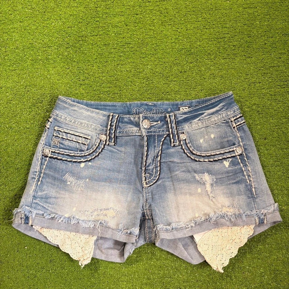 Vtg Y2k Miss Me Denim Mid Rise Shorts Sz 27 Thick Stitch Lace Pockets